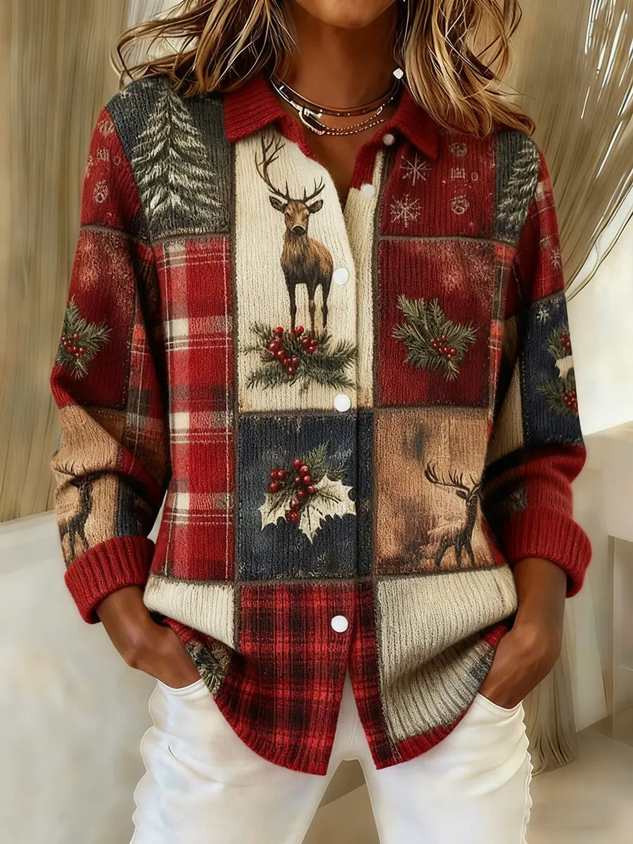 Women's Christmas Reindeer Art Print Knit Cardigan
