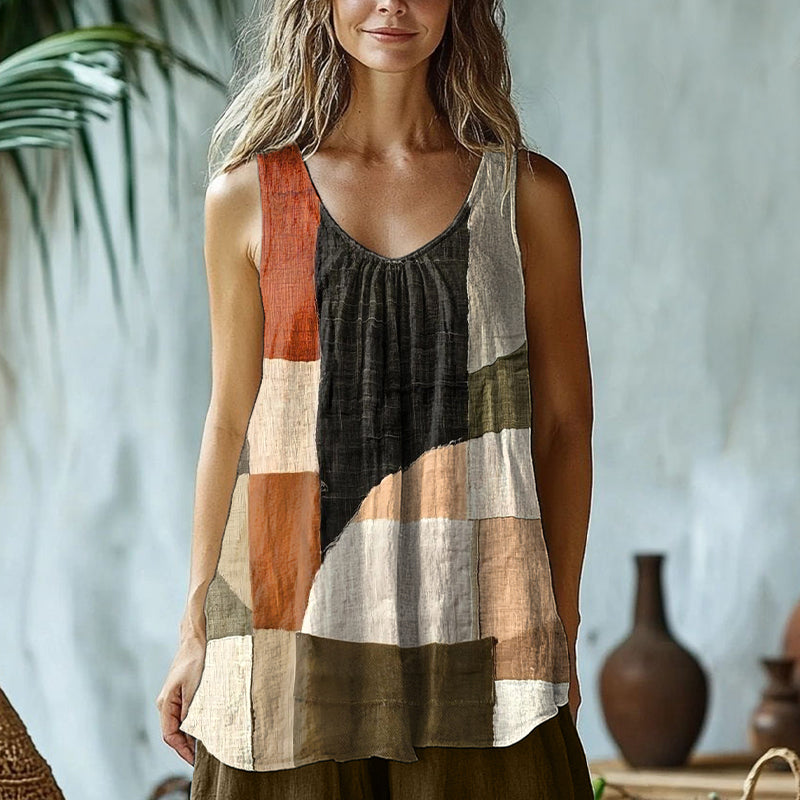 Geometric Pattern Patchwork Linen Blend Tank Top