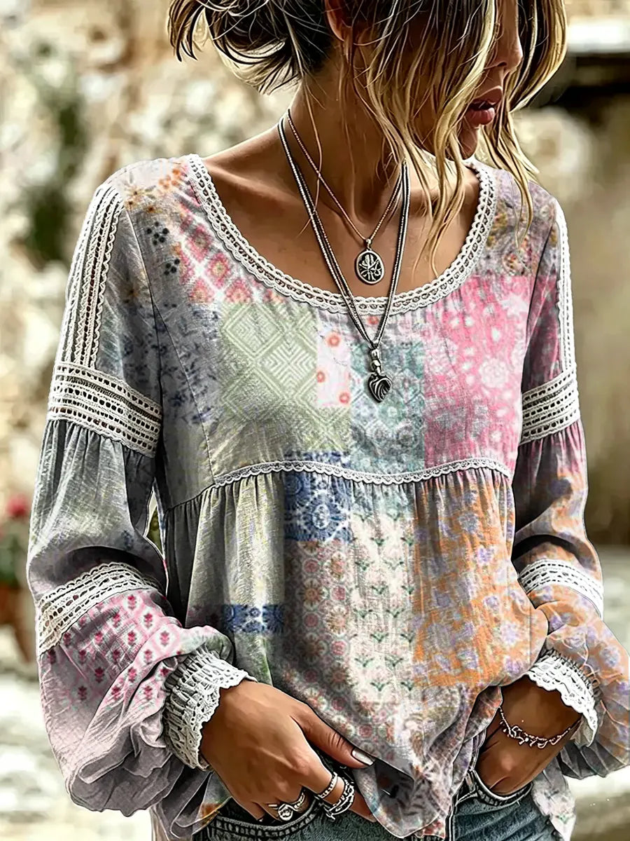 Women's Vintage Ethnic Floral Print Lace Blouse