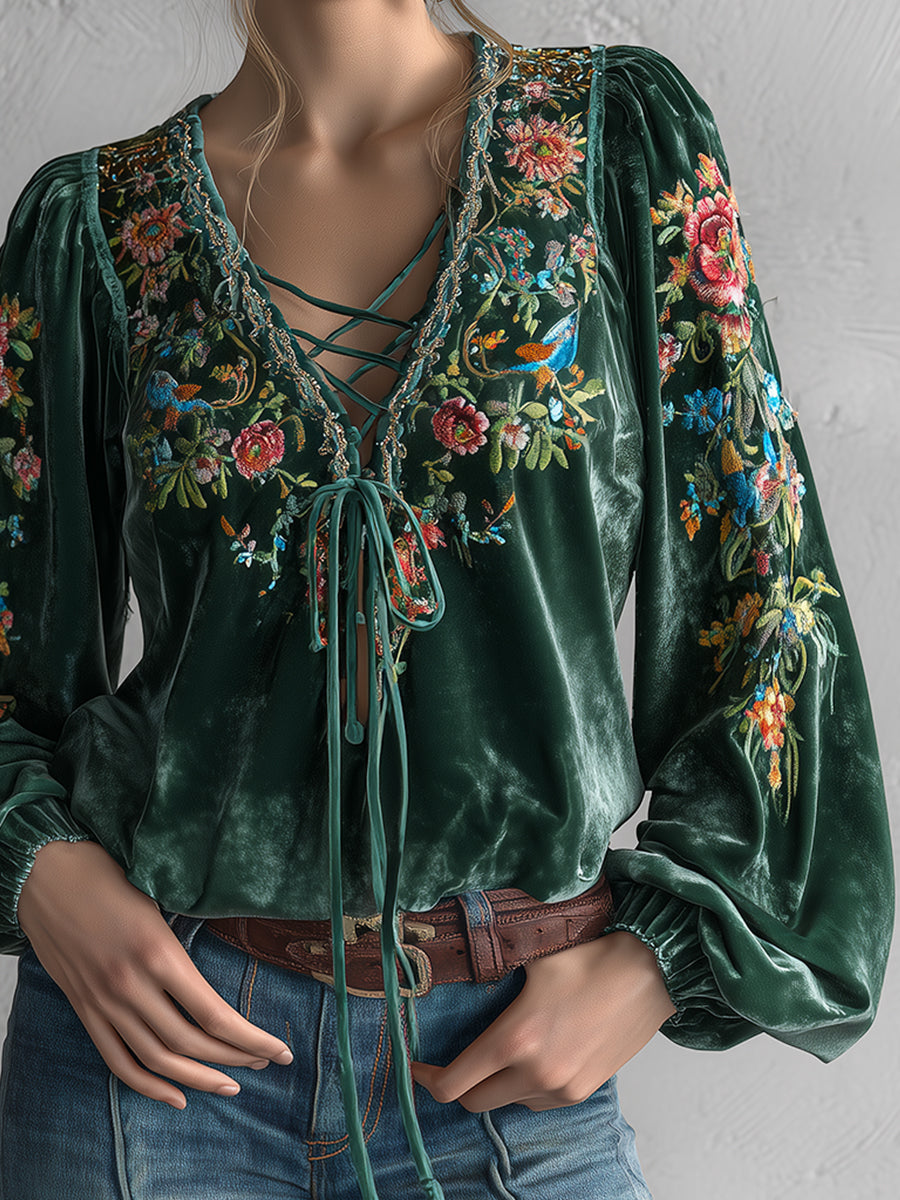 Ursime Dark Green Velvet Floral Print Lace-Up V Neck Lantern Sleeve Blouse