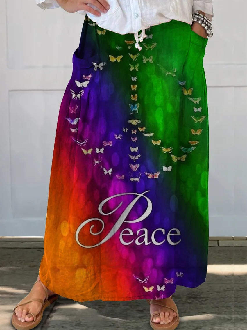 Women's Tie-Dye Love Peace Hippie Pattern Art Print Punk Hippie Batwing Pleated Fringe Cape Dresses