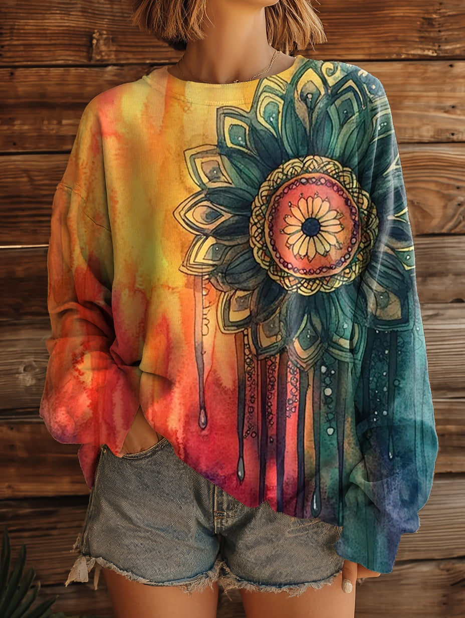 Women's Colorful Mandala Print Casual Crew Neck Sweatshirt