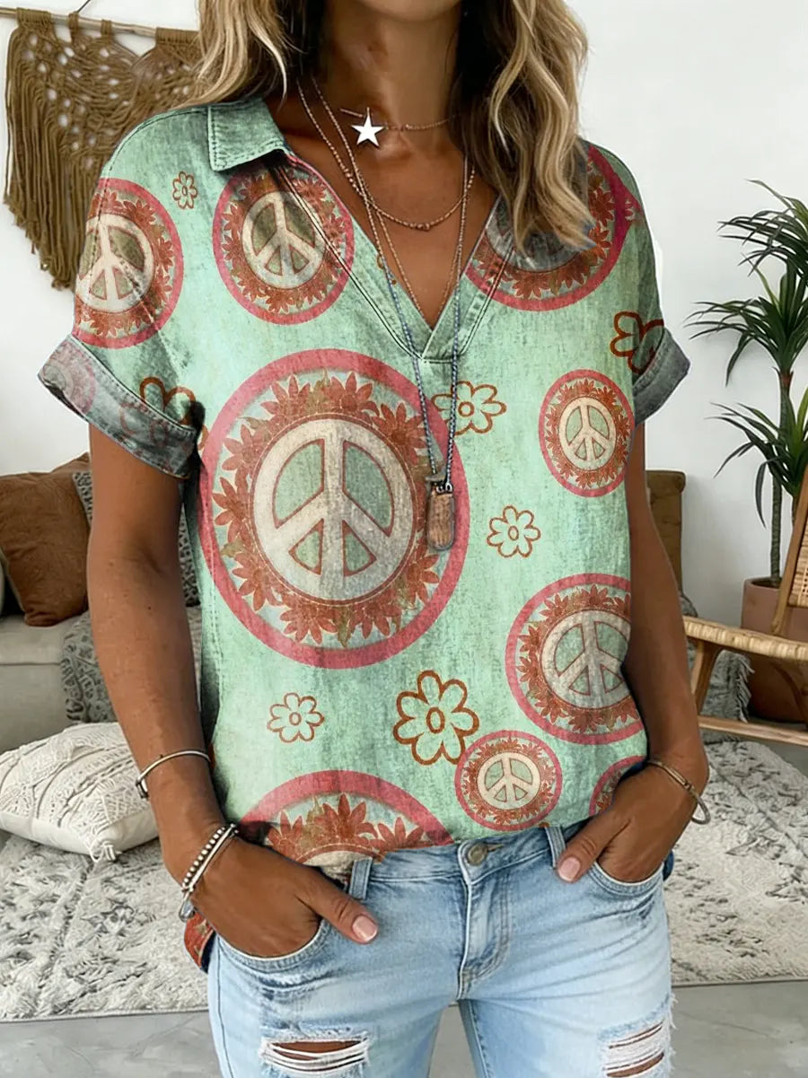 Women's Hippie Flower Print V-Neck Short-Sleeve Shirt