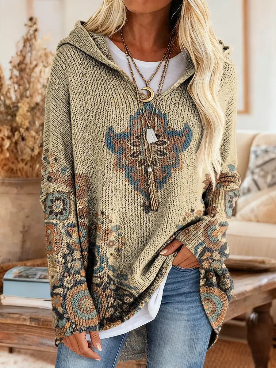 Women's Ethnic Totem Art Pattern Print Casual Knitted Hooded Tunic Top