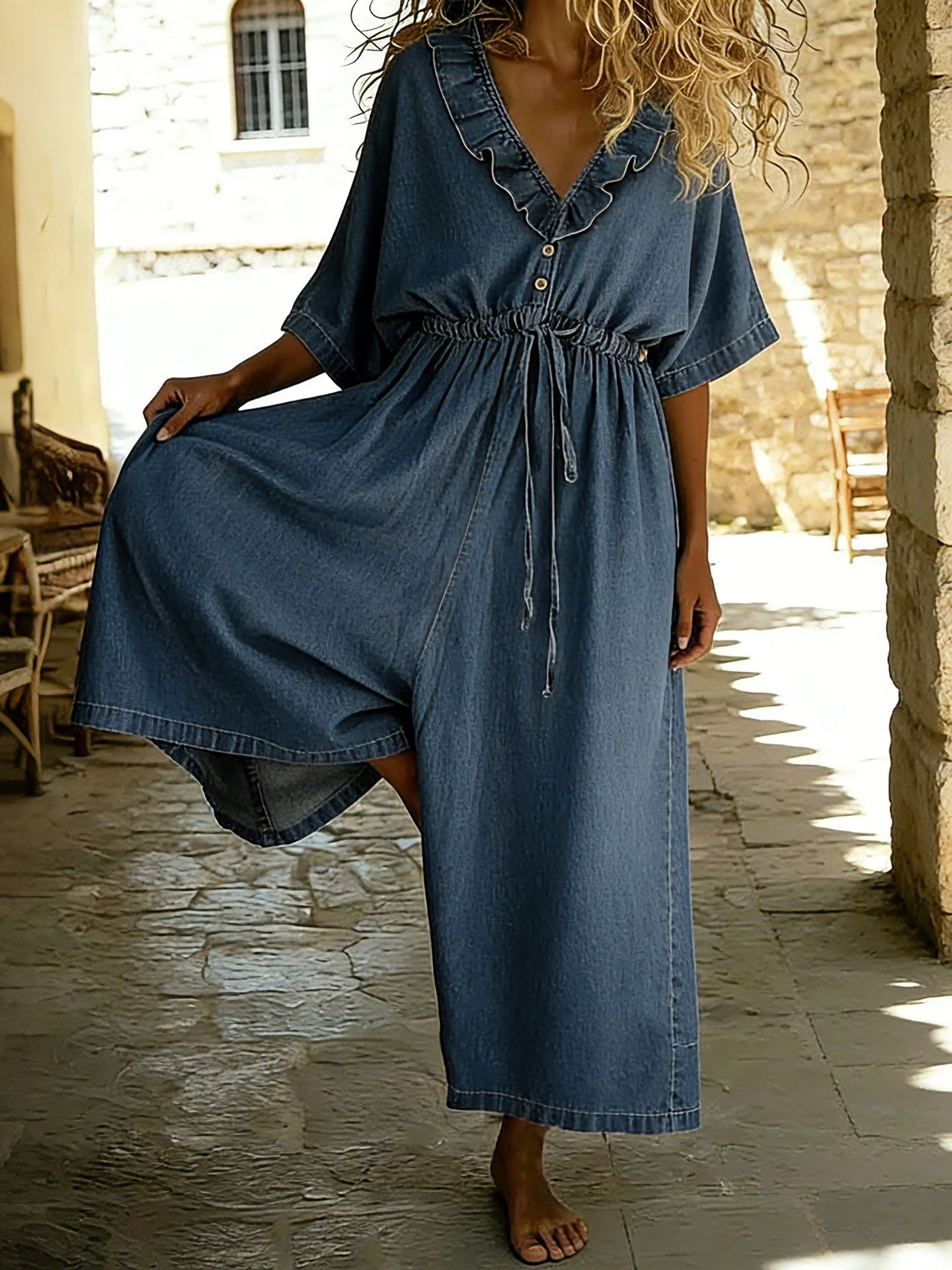 Women's Casual V-neck Ruffle Jumpsuit