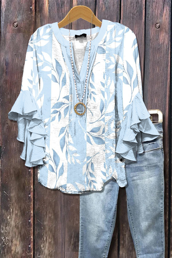 Elegant Floral Print Ruffle Sleeve Top