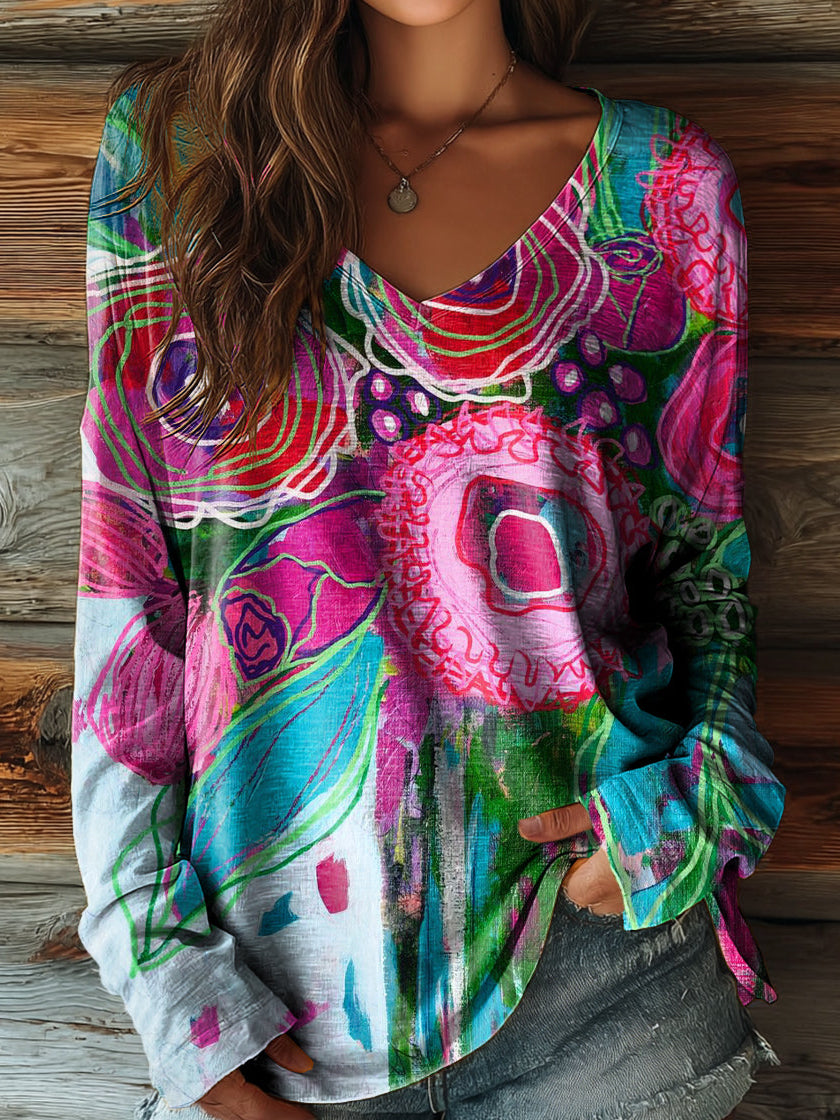 Women's Bohemian Floral Art Print Casual V-neck Long Sleeve T-shirt