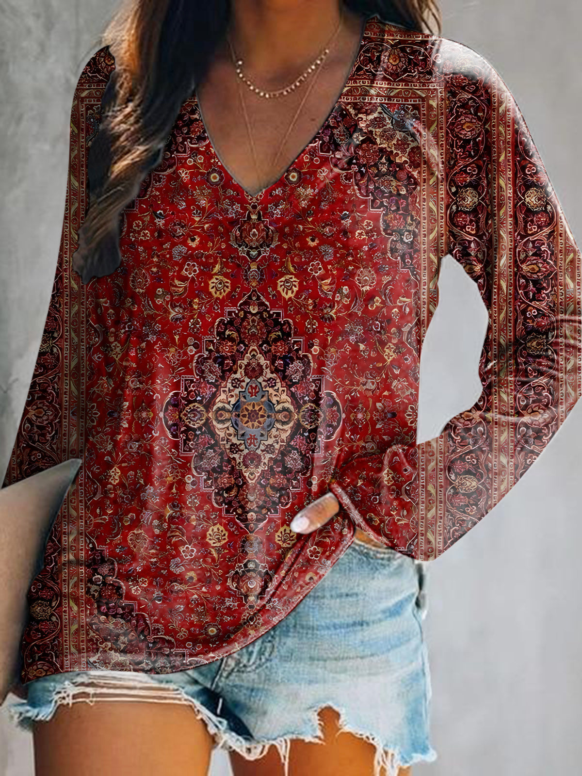 Women's Vintage Ethnic Floral Art Print Casual V Neck Long Sleeve Tops
