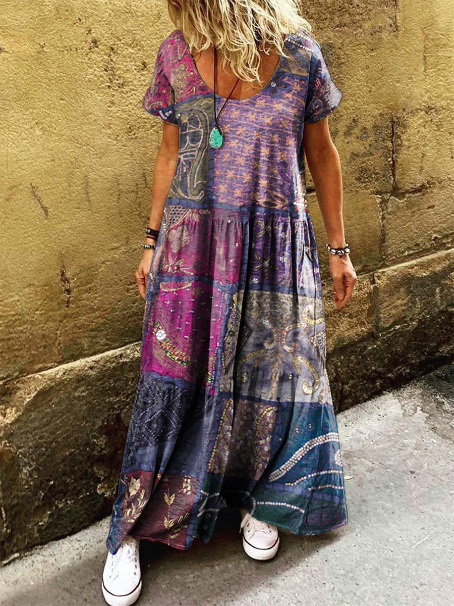 Women's Vintage Bohemian Patchwork Art Print Pocket Short Sleeve Cotton Dress