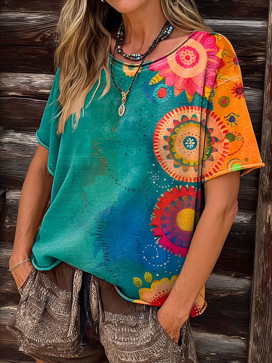Women's Retro Ethnic Floral Art Print Casual Short-Sleeve Round Neck Cotton T-Shirt