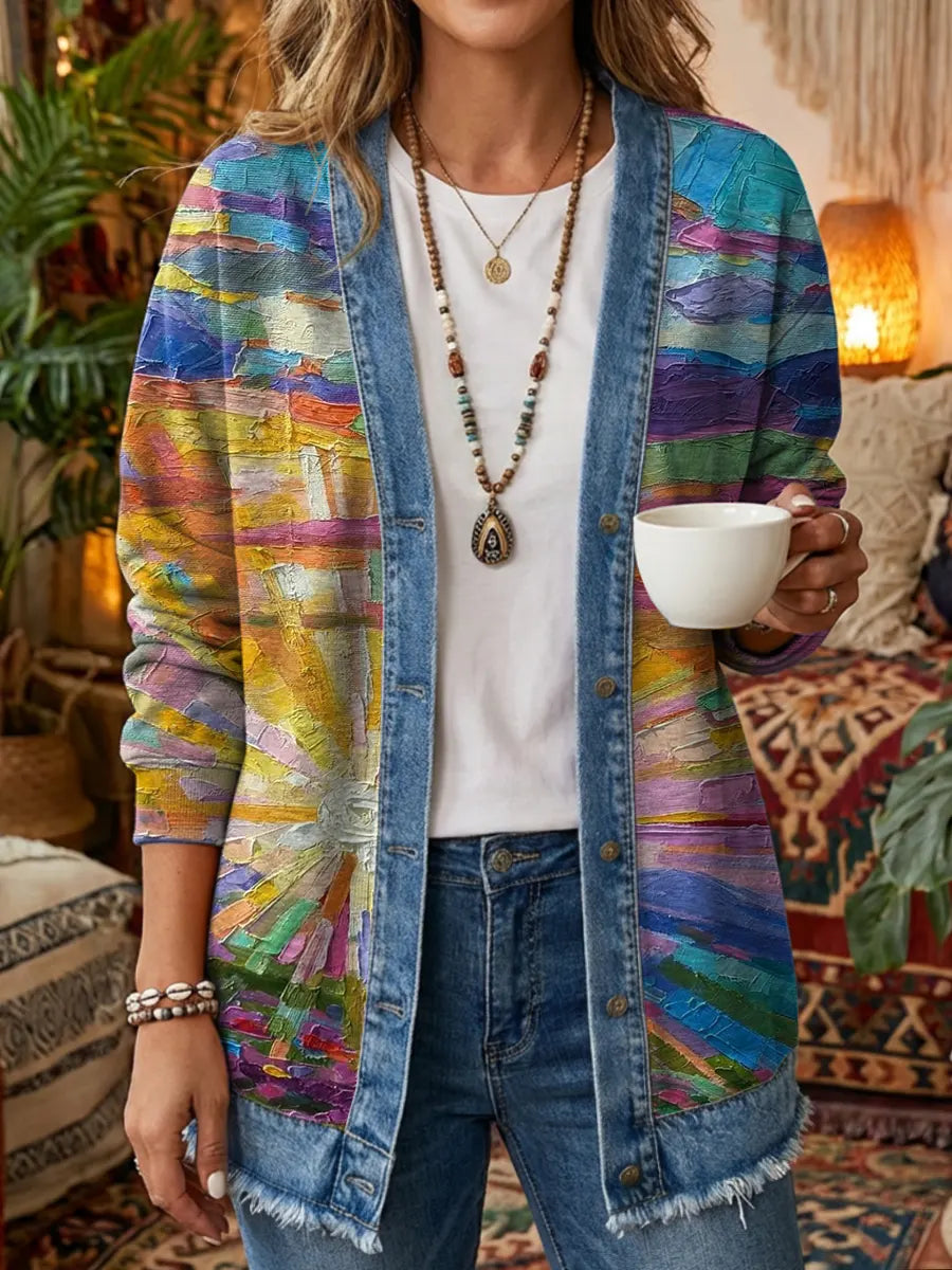 Women's Bohemian Watercolor Sun Pattern Art Print Casual Long-Sleeve Shirt Jacket