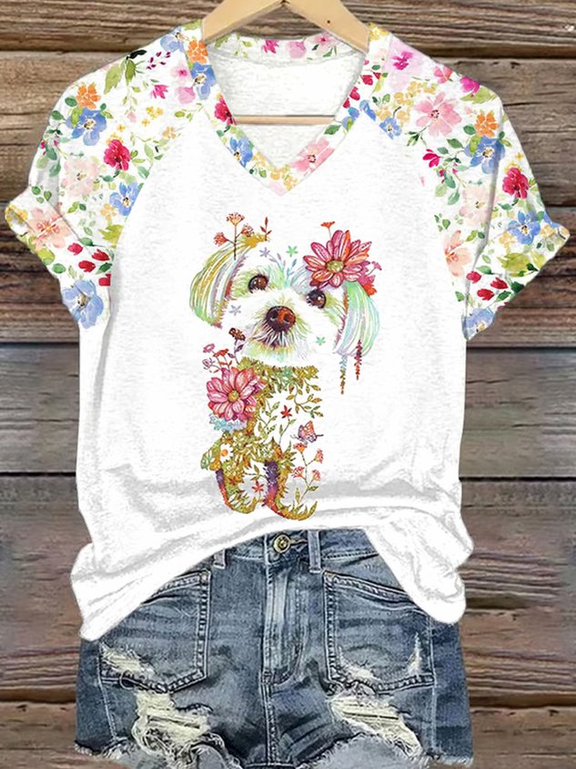 Casual Floral V Neck Short Sleeve T-shirt