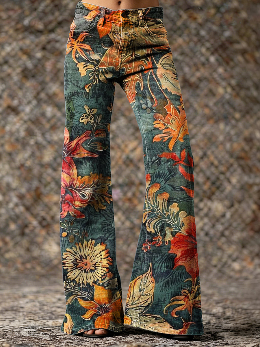 Women's Retro Floral Art Print Casual Washed Cotton Jeans