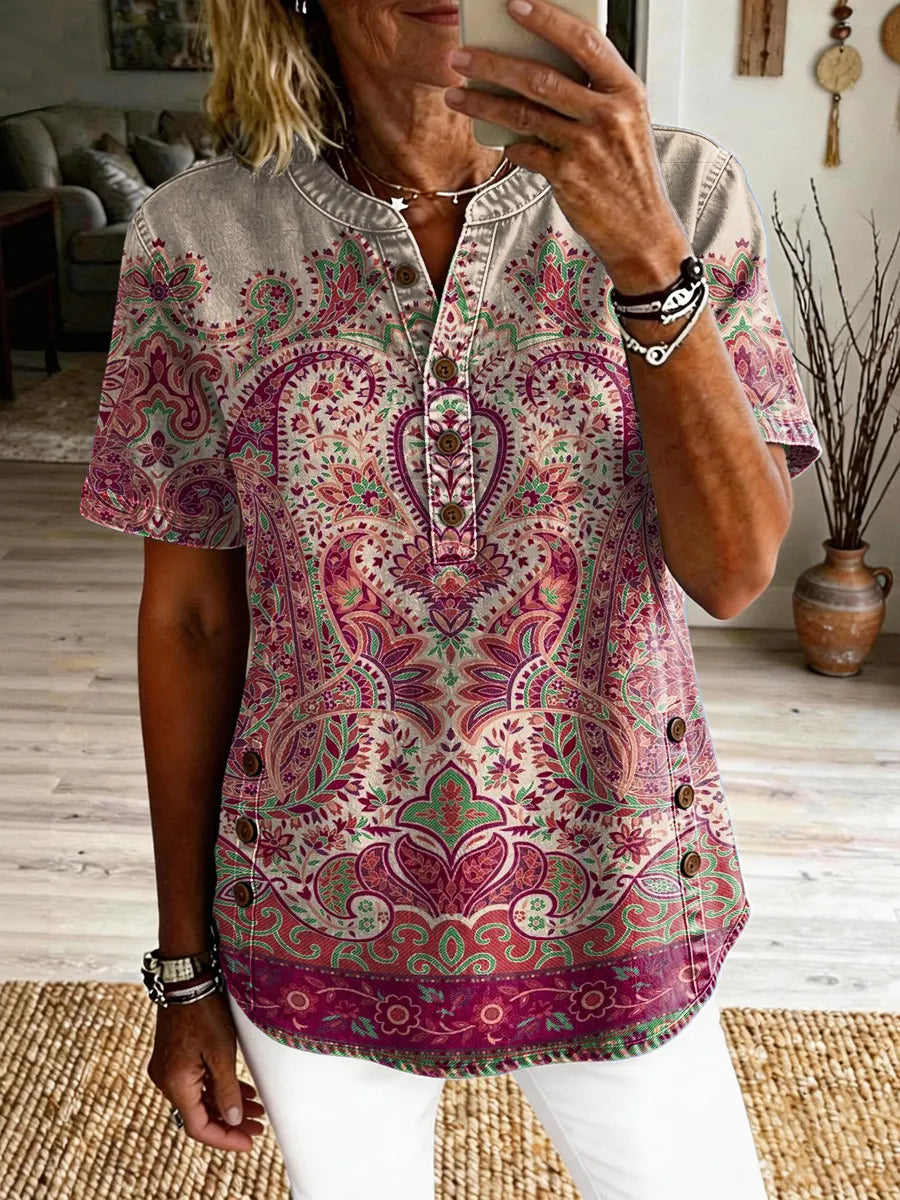 Women's Vintage Floral Art Print Casual Short-sleeve Washed Shirt