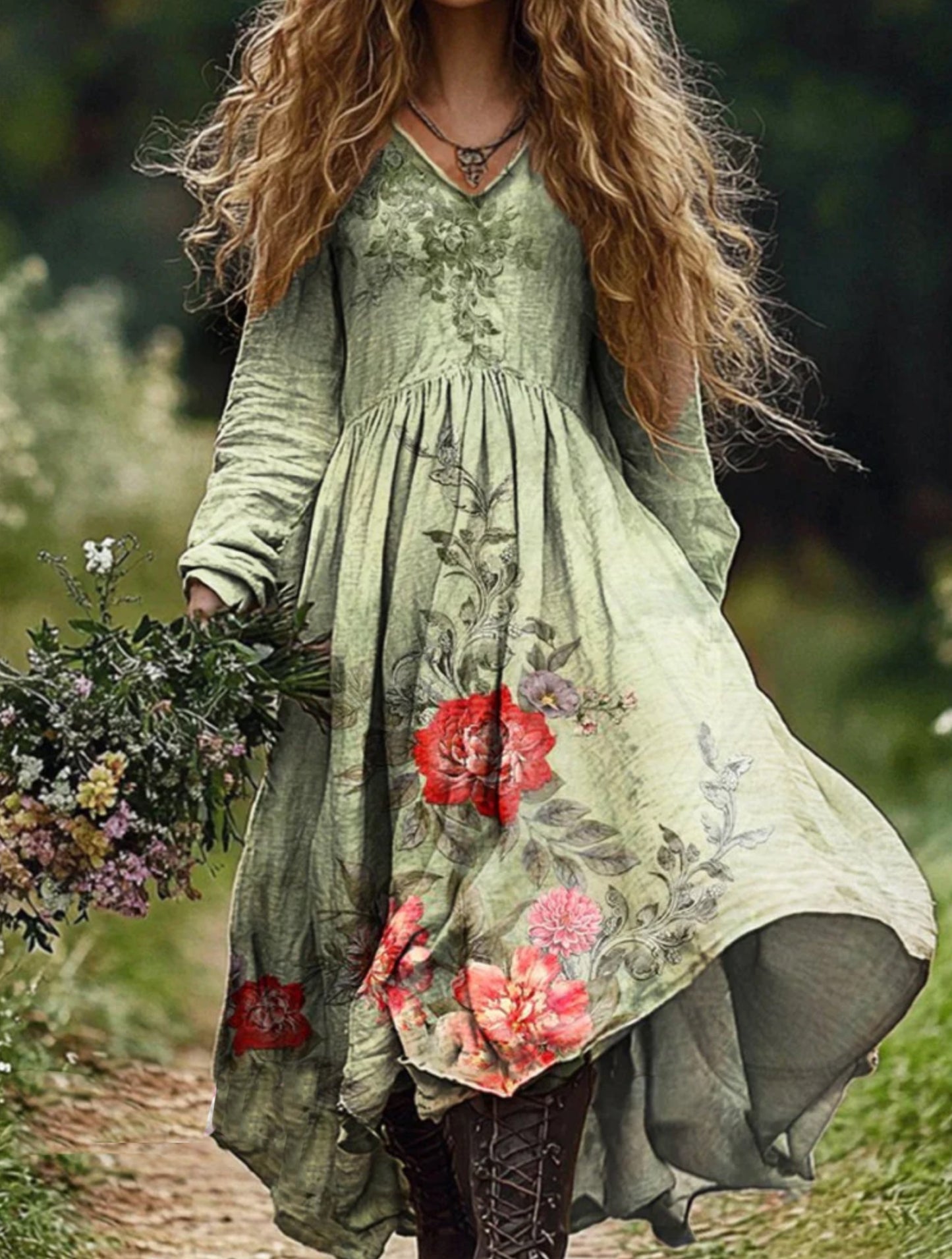 Women's Boho Floral Art Pattern Print V Neck Pocket Cotton Dress