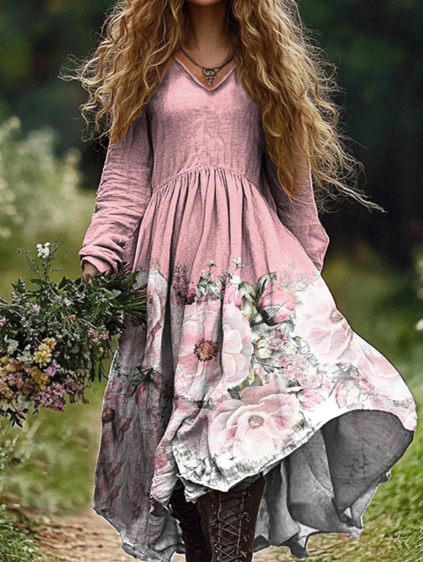 Women's Pink Floral Print V Neck Pocket Cotton Dress
