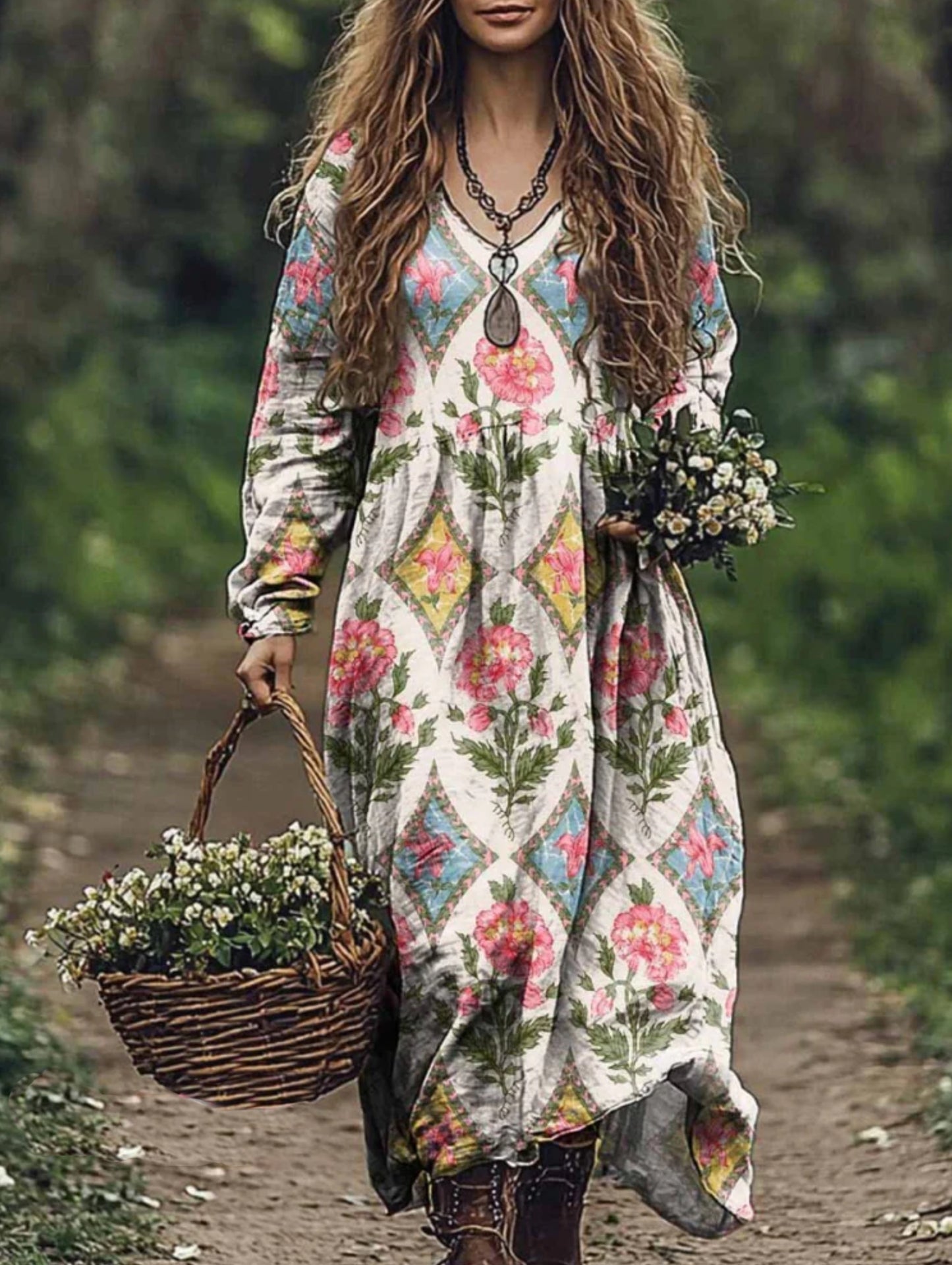 Women's Ethnic Floral Art Print V Neck Pocket Cotton Dress