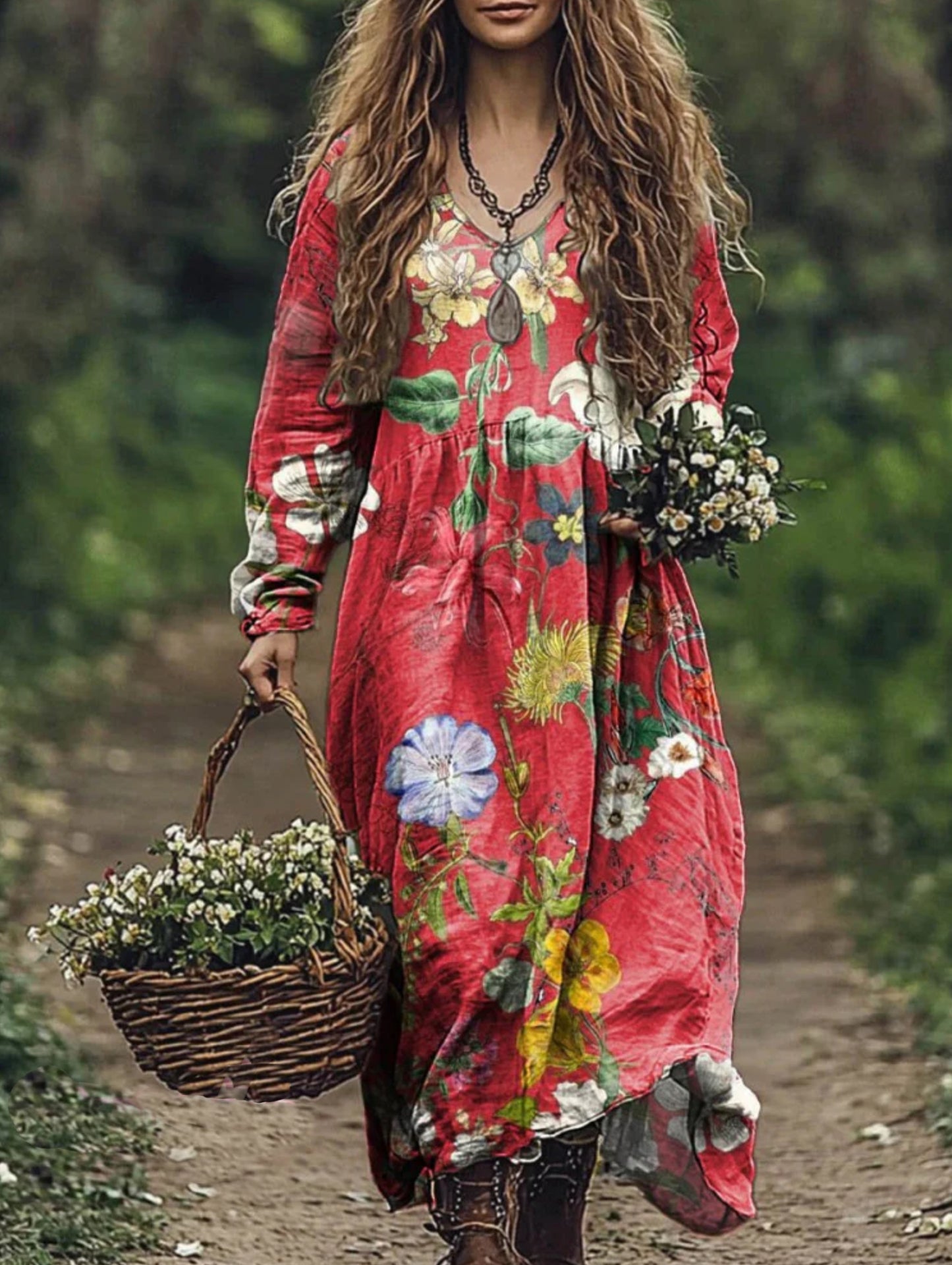 Women's Retro Floral Print Pocket Cotton Dress