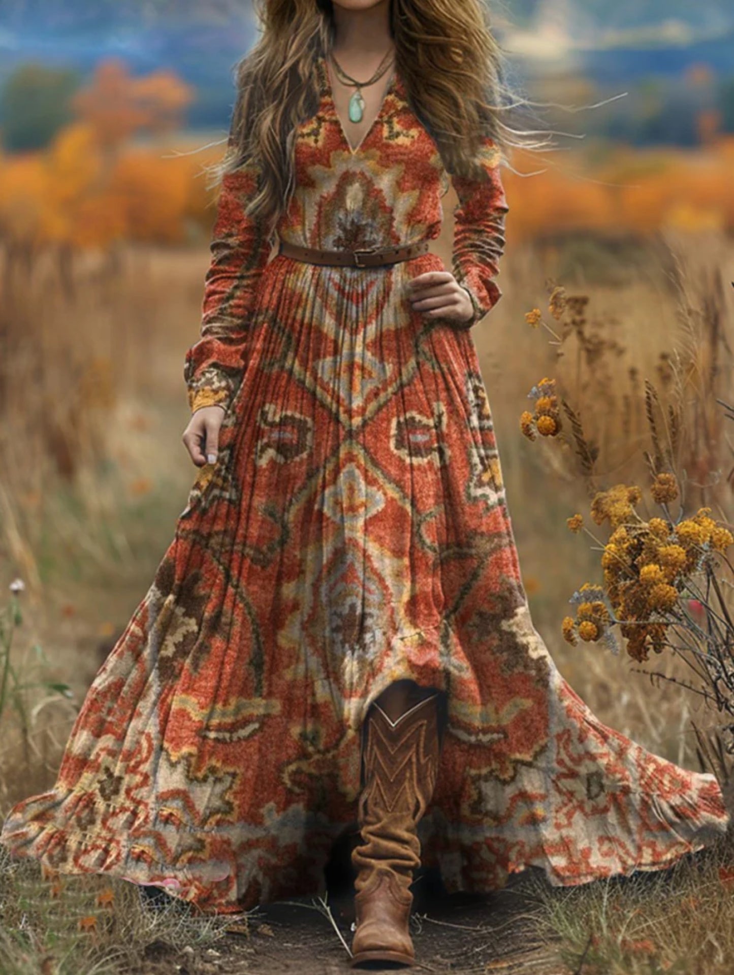 Women's Vintage Ethnic Art Print V-Neck Long Sleeve Maxi Dress