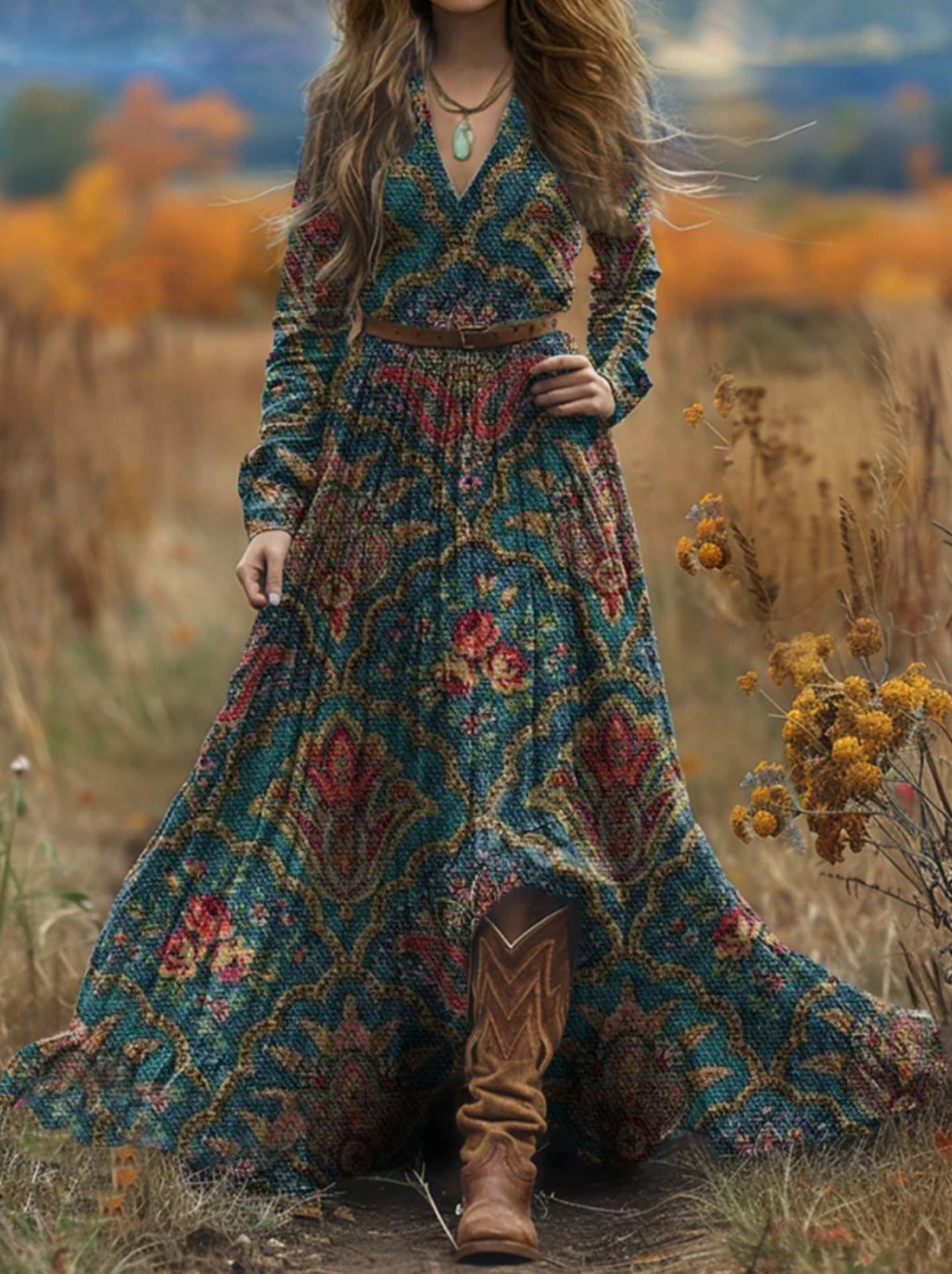Women's Boho Folk Art Print V-Neck Long Sleeve Maxi Dress