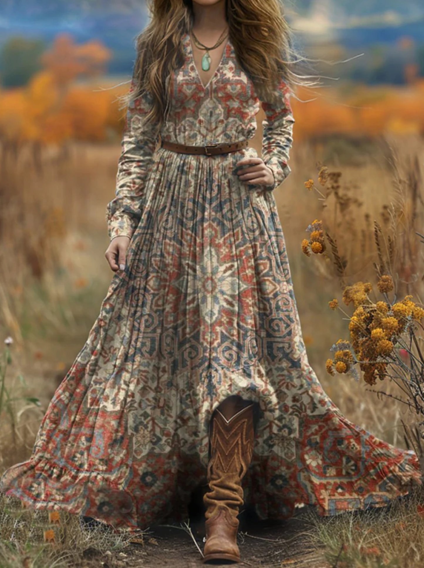 Women's Boho Folk Floral Print V-Neck Long Sleeve Maxi Dress