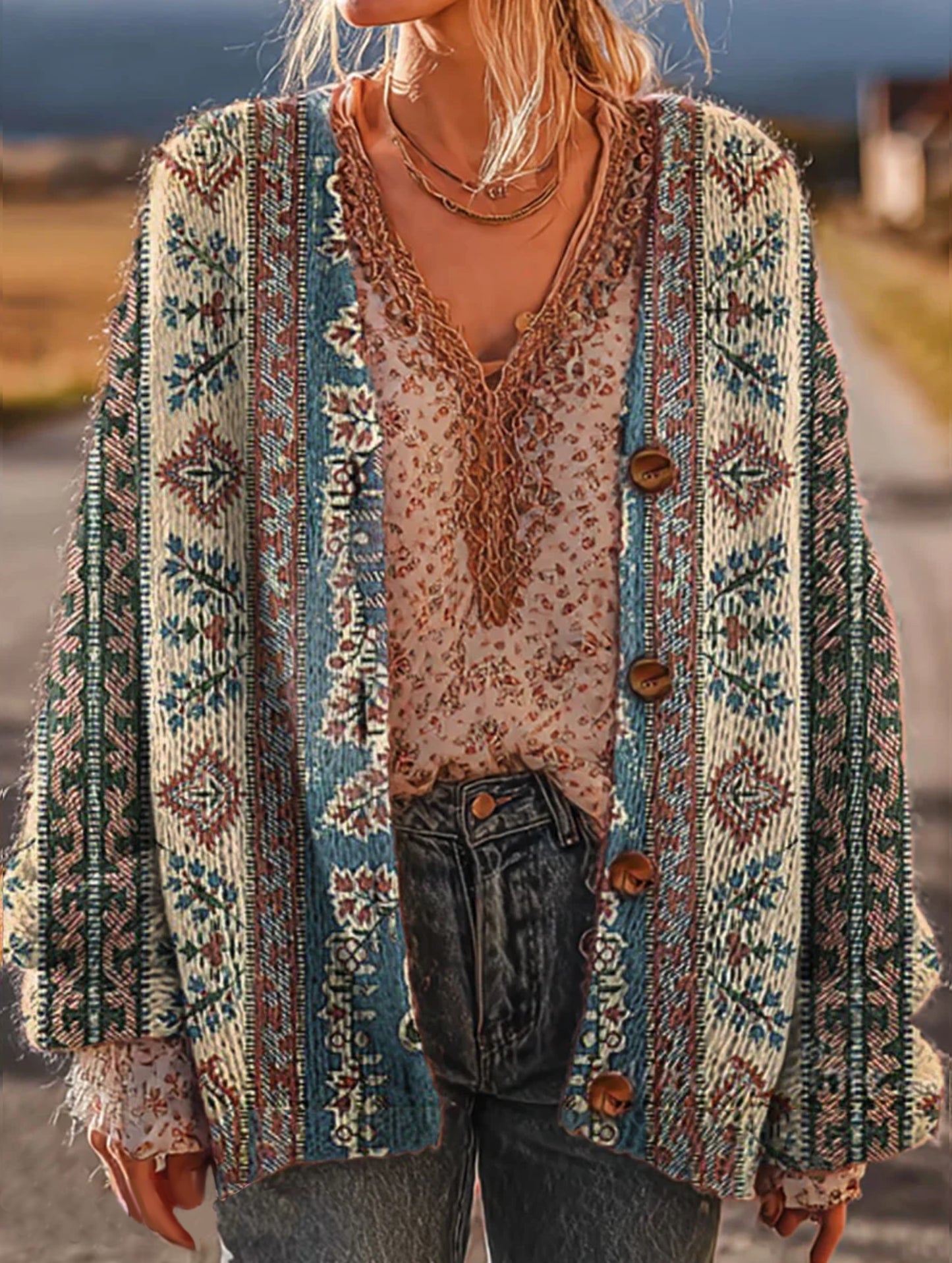 Women's Vintage Ethnic Pattern Art Print Casual Knit Cardigan