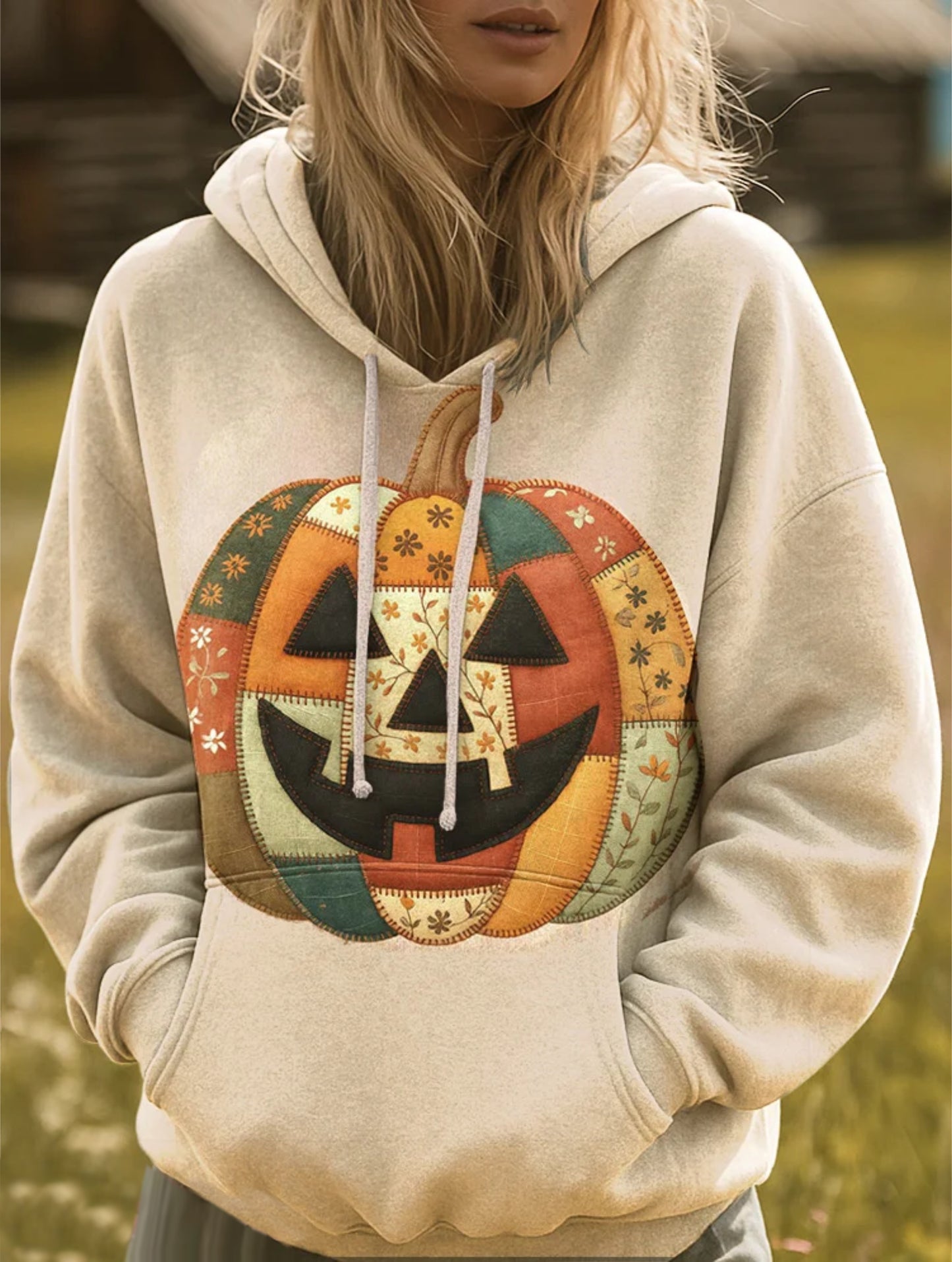 Women's Vintage Halloween Pumpkins Patchwork Art Print Hooded Casual Sweatshirt