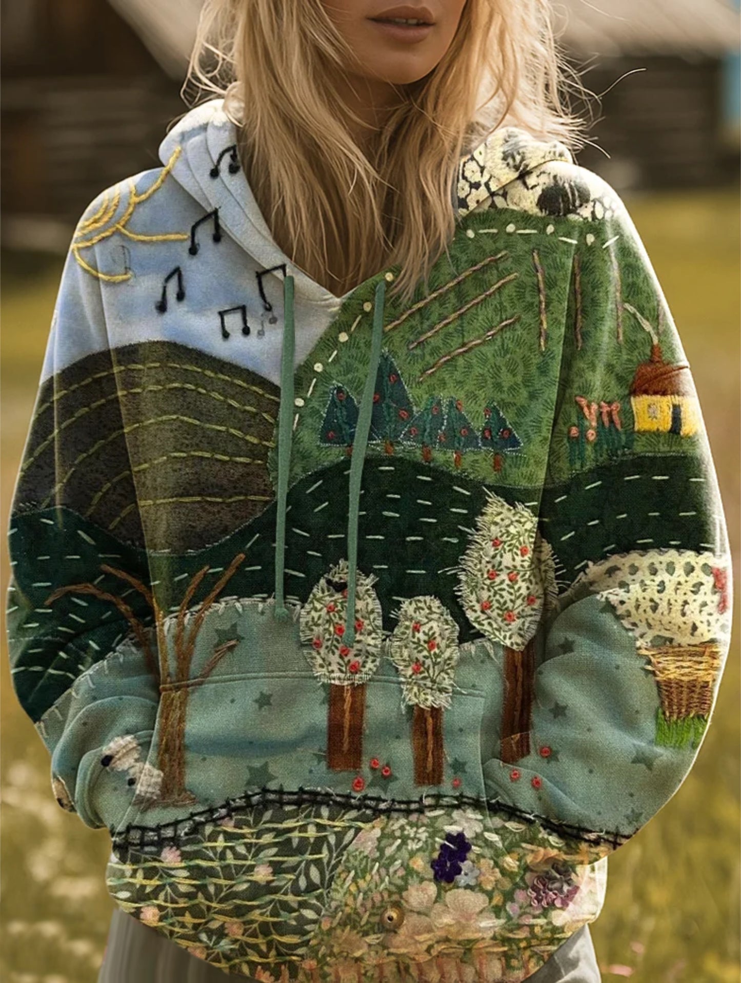 Women's Rustic Patchwork Farm Art Print Casual Hooded Pocket Drawstring Sweatshirt