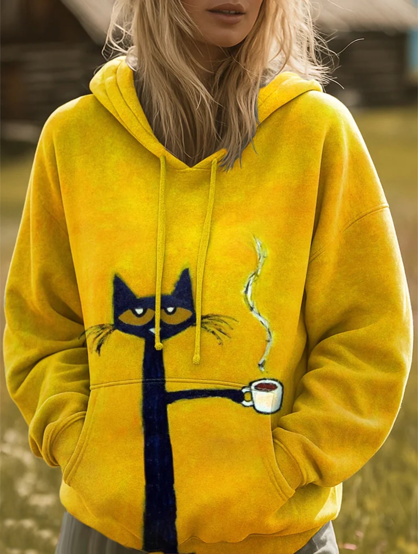Cat Drinking Coffee Art Print Casual Hoodie Sweatshirt