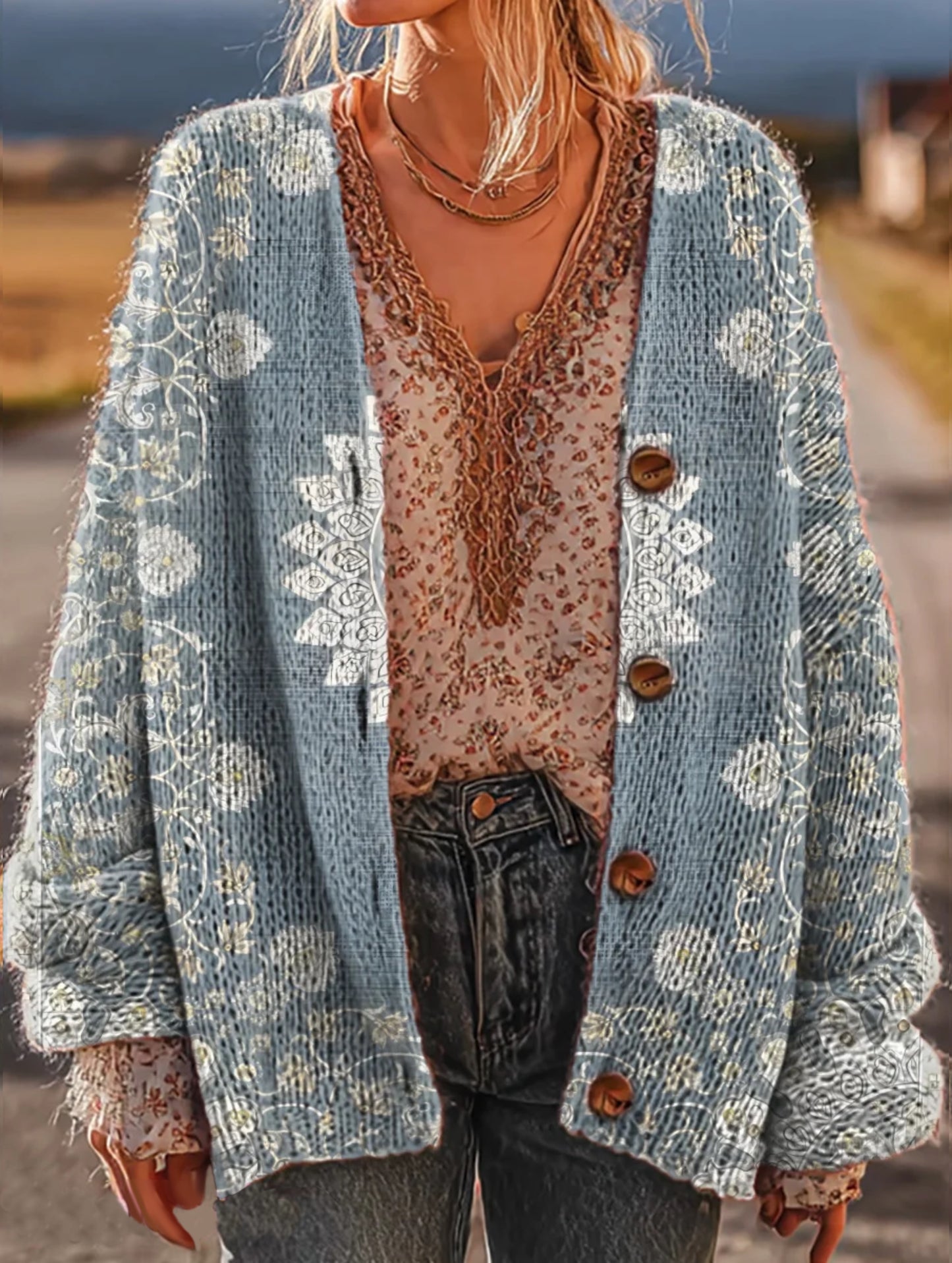 Women's Vintage Light Blue National Style Flowers Art Print Casual V Neck Top Knitting