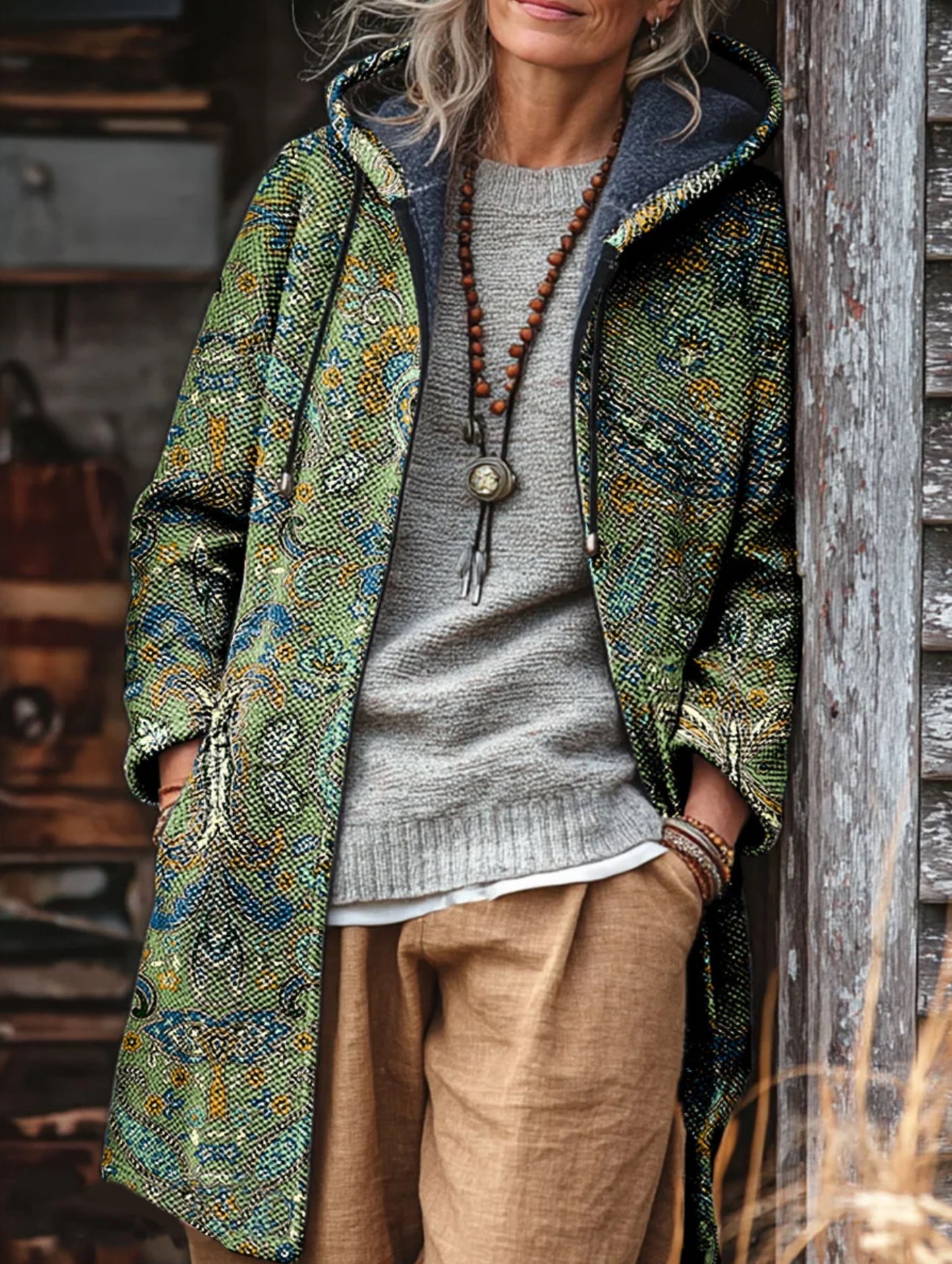 Unisex Vintage Ethnic Floral Pattern Art Print Fleece-Lined Thickened Long-Sleeve Knit Cardigan Jacket
