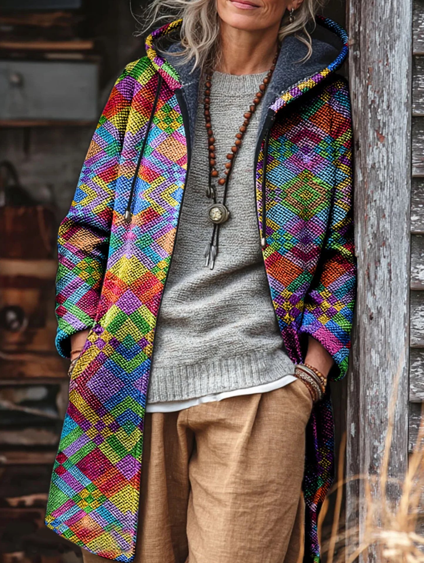 Unisex Colorful Geometric Art Print Fleece-Lined Thickened Long-Sleeve Knit Cardigan Jacket