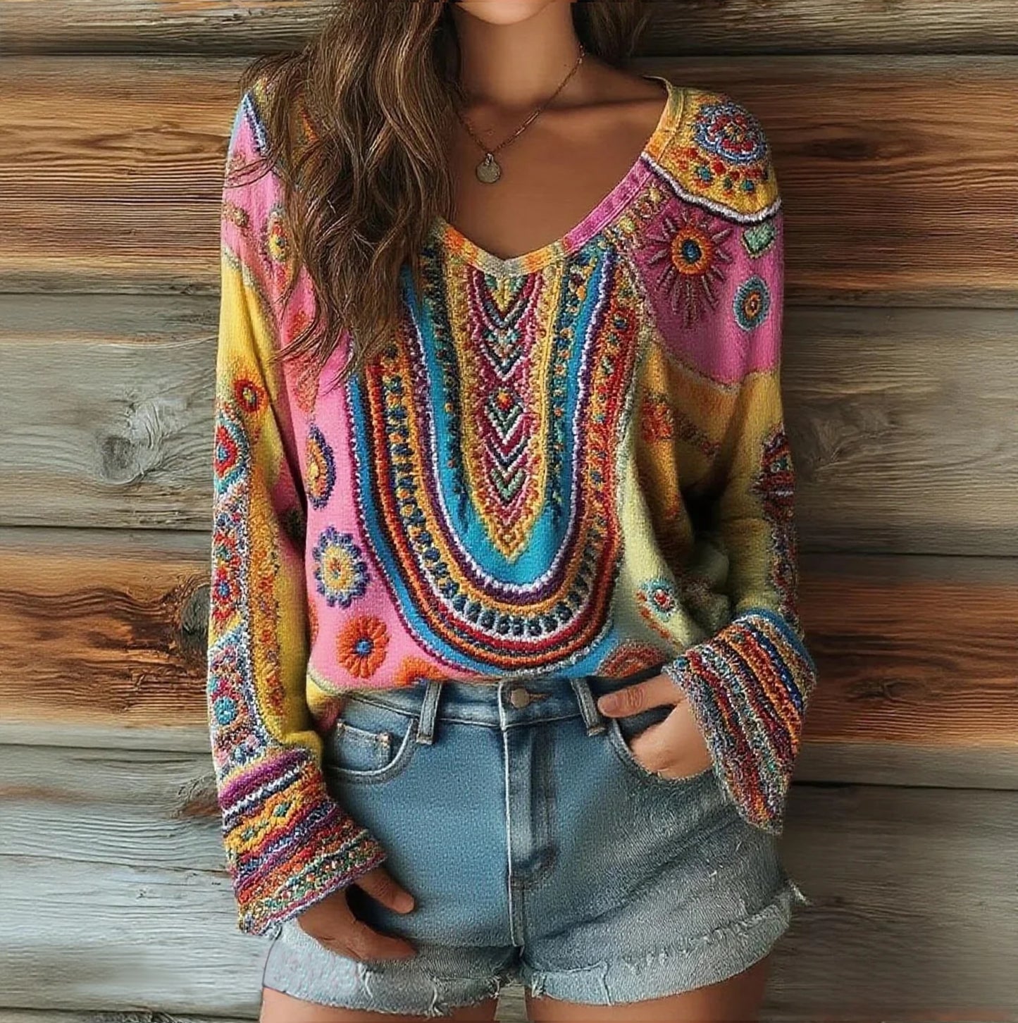 Women's Patchwork Floral Pattern Artistic Print Casual V-Neck Long Sleeve Top