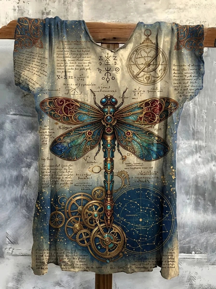 Vintage Steampunk Dragonfly Gear Constellation Print V-Neck Short Sleeve Casual T-Shirt