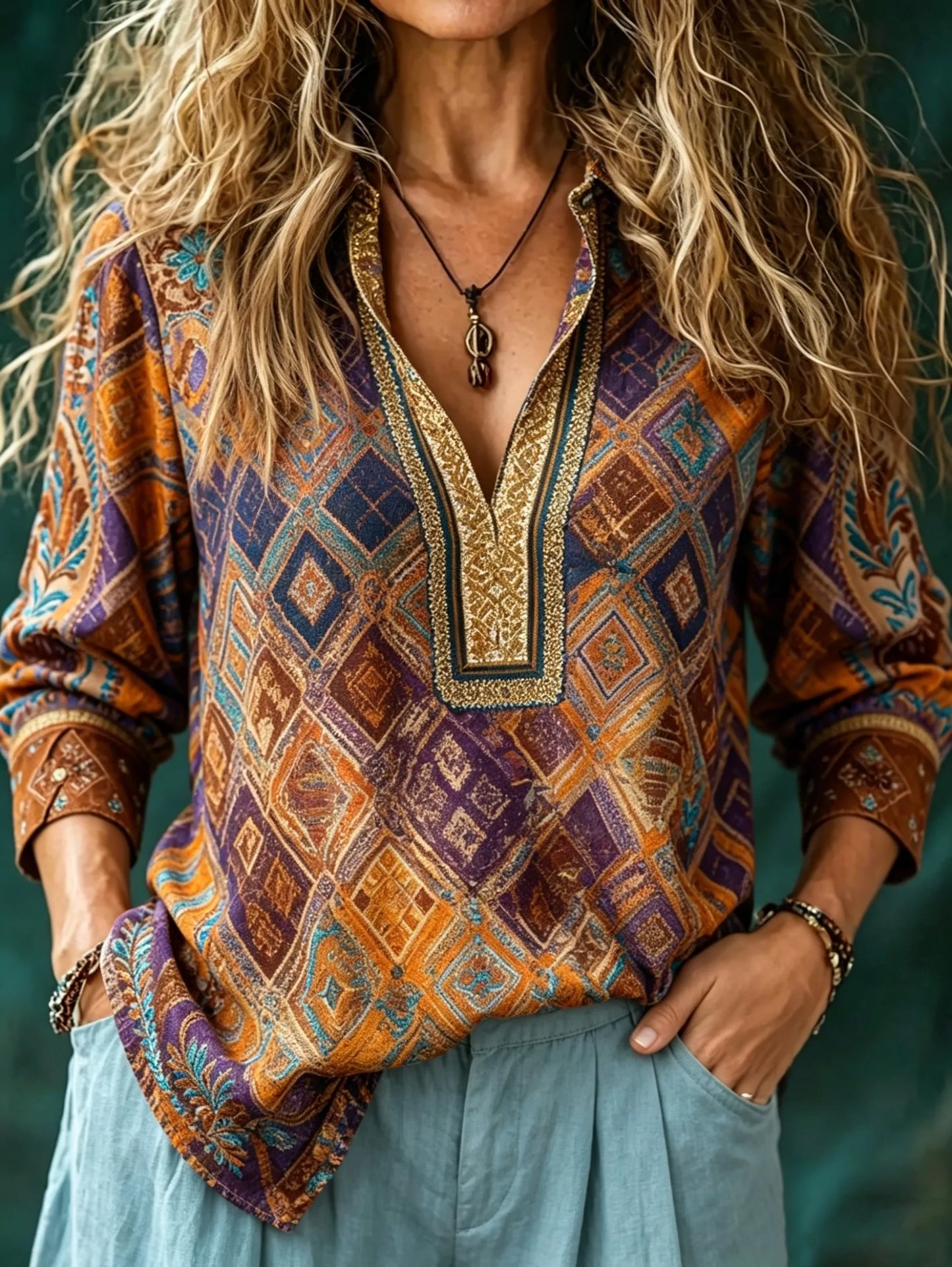 Women Boho V-Neck Printed & Embroidered Loose Casual Blouse Top