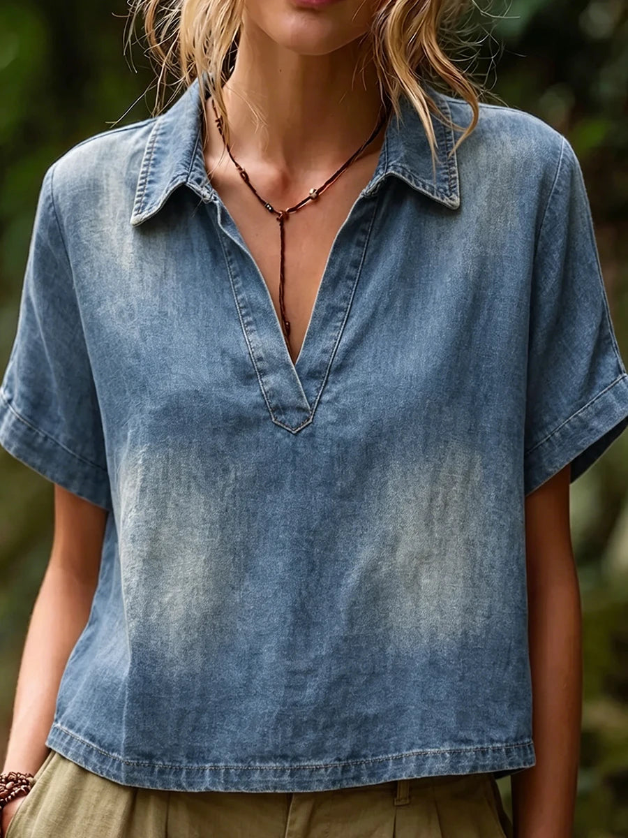Women Lapel Collar V Neck Short Sleeve Relaxed Casual Blouse
