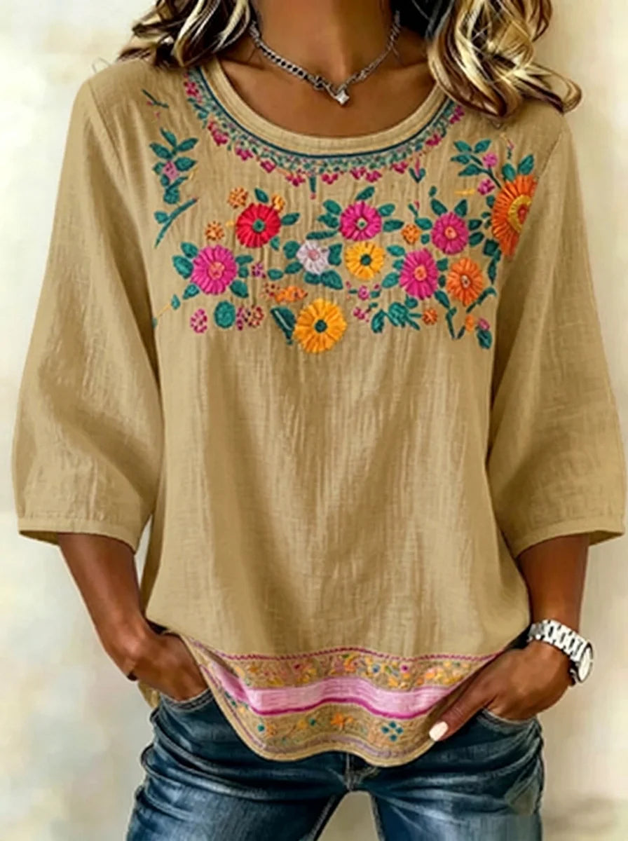 Women Vintage Floral Embroidered 3/4 Sleeve Linen Blend Casual Blouse