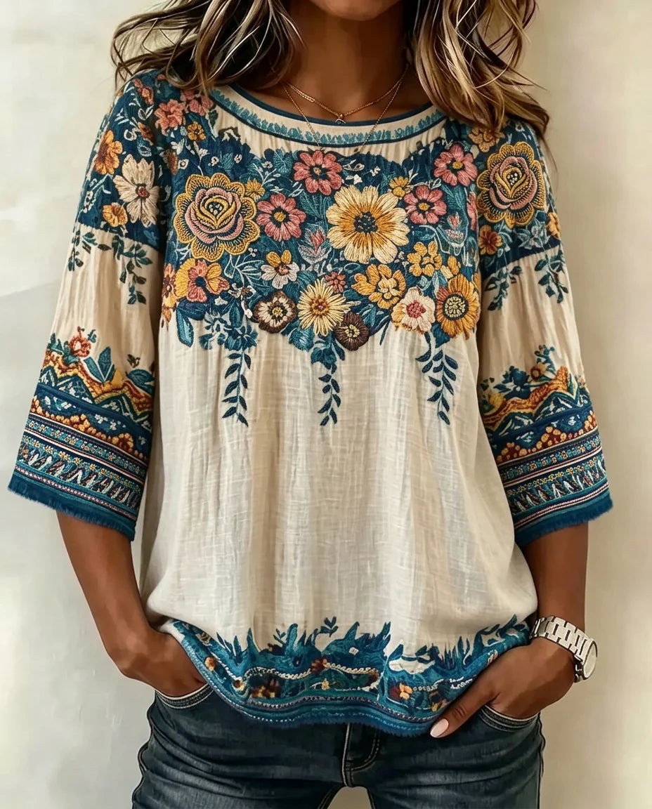Women Vintage Floral Embroidered 3/4 Sleeve Linen Blend Casual Blouse