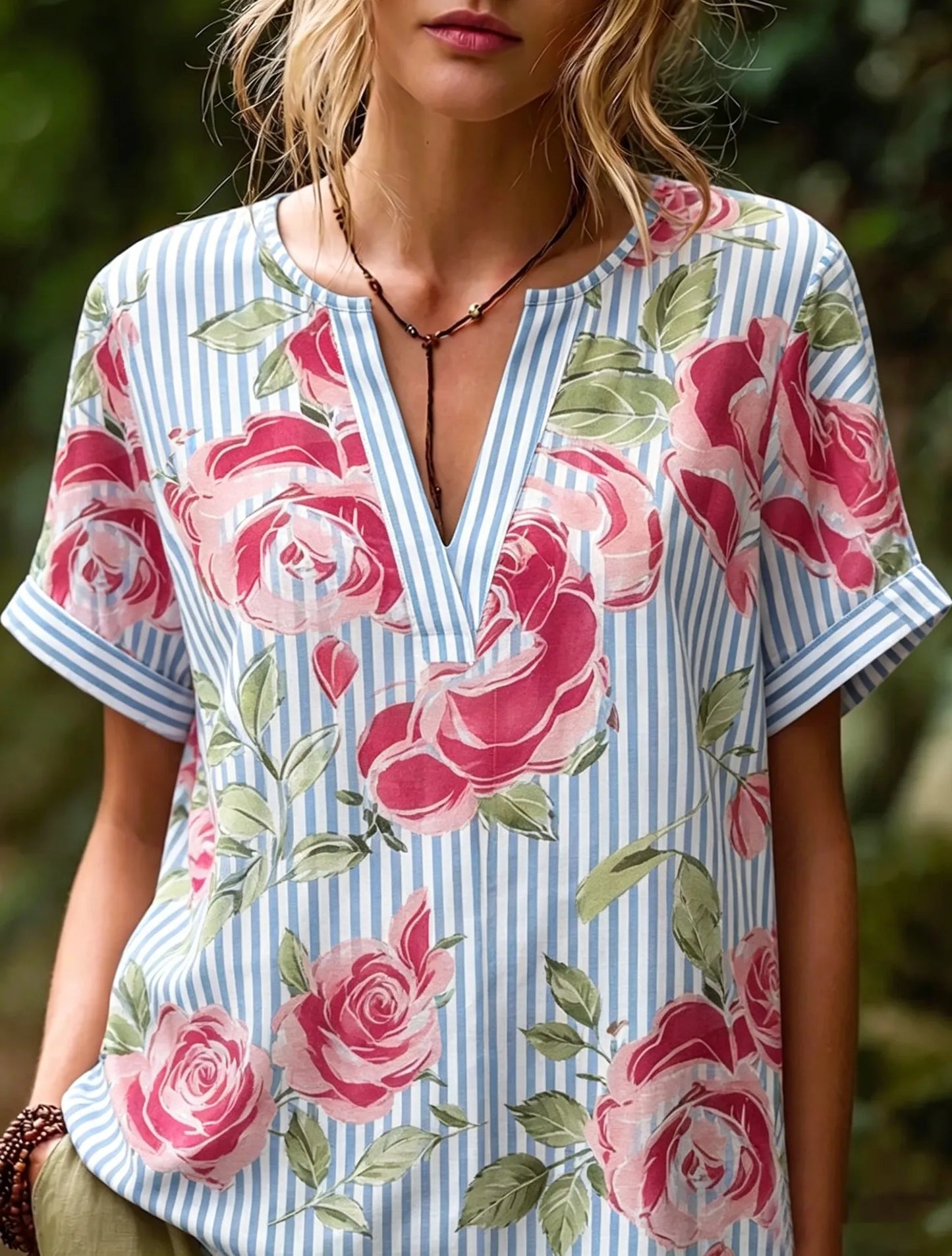 Women Boho V-Neck Printed & Embroidered Loose Casual Blouse Top