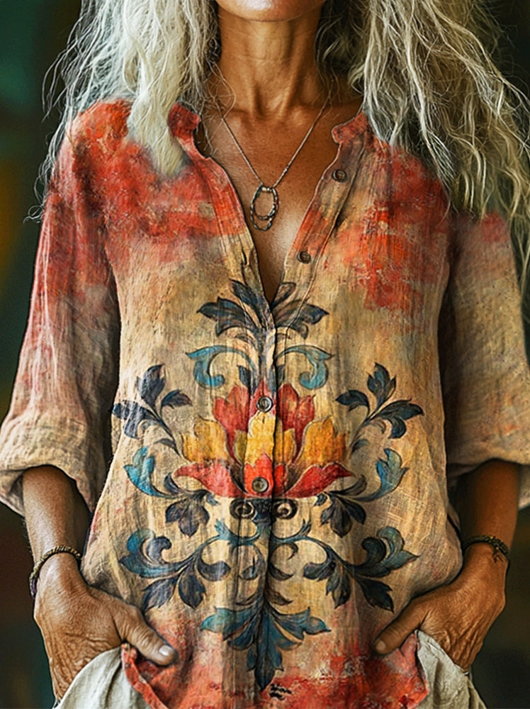 Women's Vintage Ethnic Floral Art Pattern Print Casual Cotton Linen Shirt