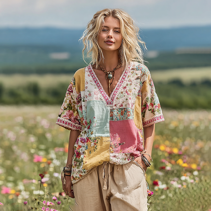 Women's Vintage Floral Art V-neck T-shirt