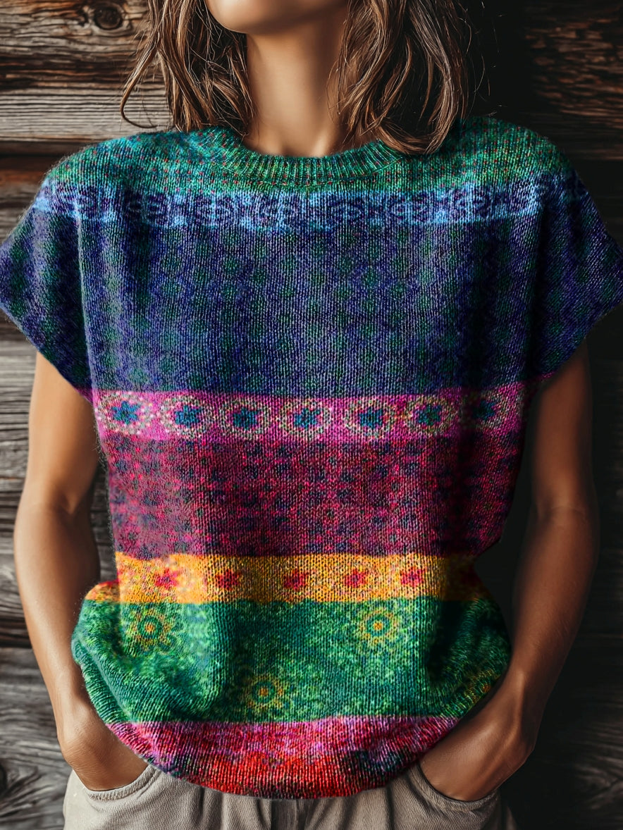 Women's Vintage Ethnic Art Print Casual Crew Neck Short Sleeve Knitted Sweater