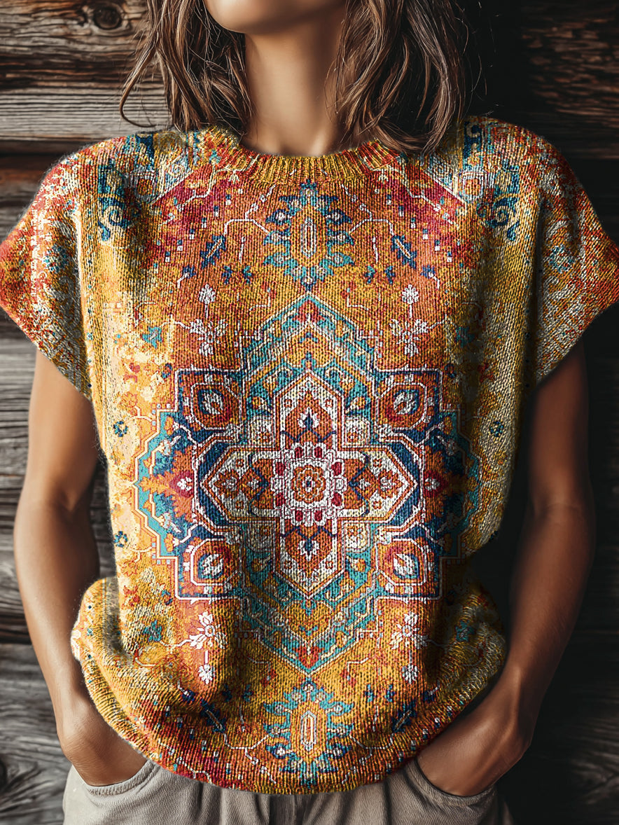 Women's Vintage Ethnic Floral Art Print Casual Crew Neck Short Sleeve Knitted Sweater