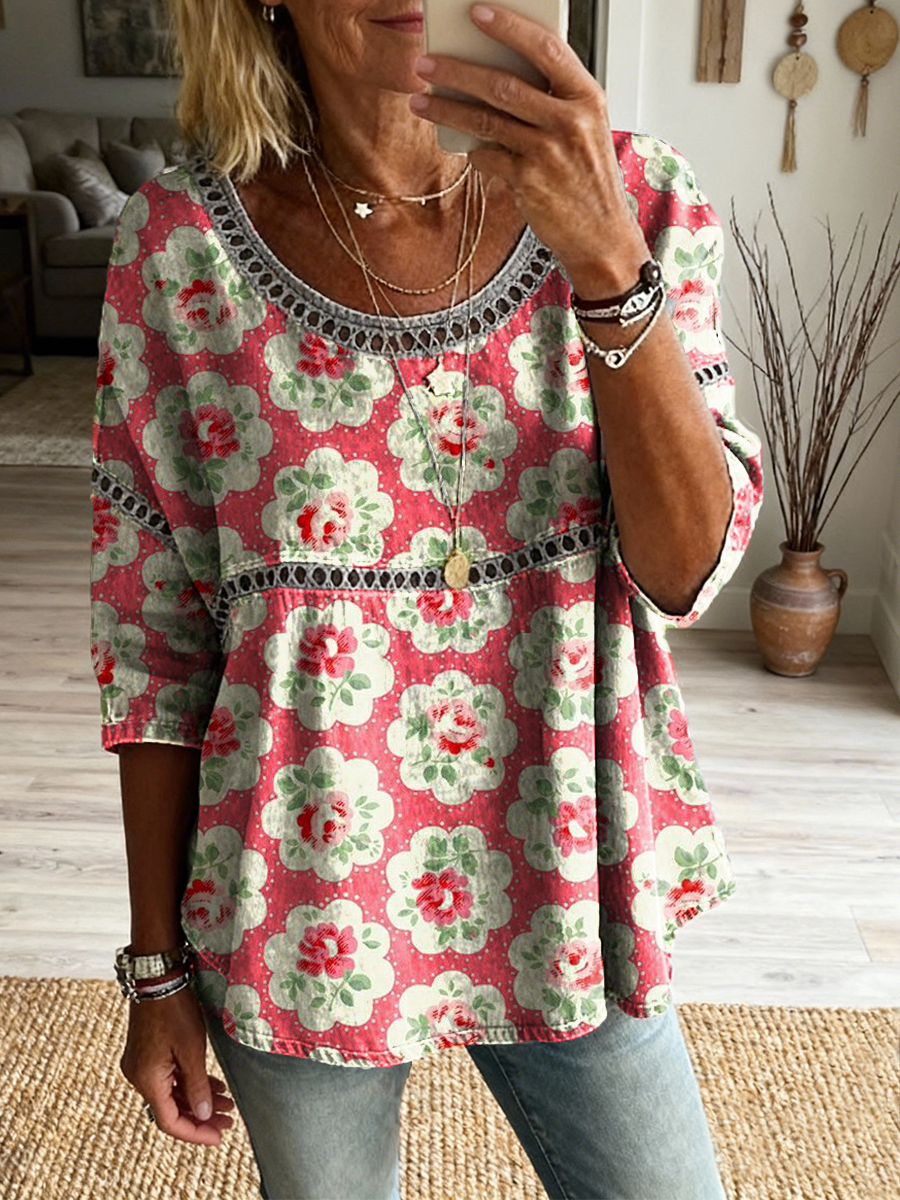Women's Retro Floral Art Print Casual Round Neck Hollow-out Cotton Linen Top