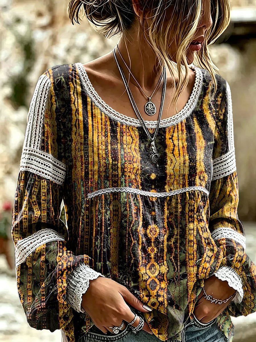 Women's Retro Ethnic Art Print Casual Long-sleeved Round Neck Lace Cotton Shirt