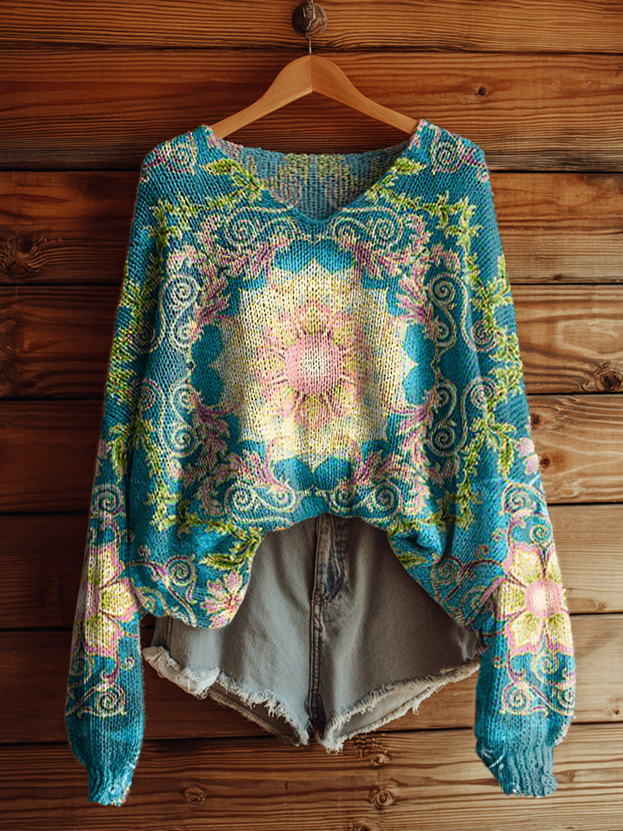 Women's Vintage Bohemian Floral Art Print Casual Pullover Sweater