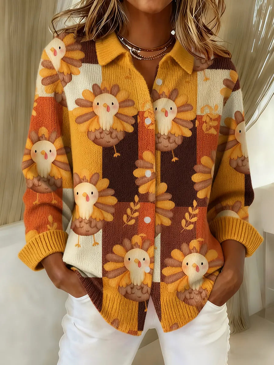 Women's Retro Thanksgiving Turkey Art Print Knit Cardigan