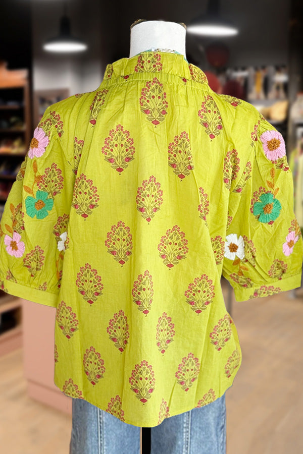 Floral Print Embroidered Puff Sleeve Top
