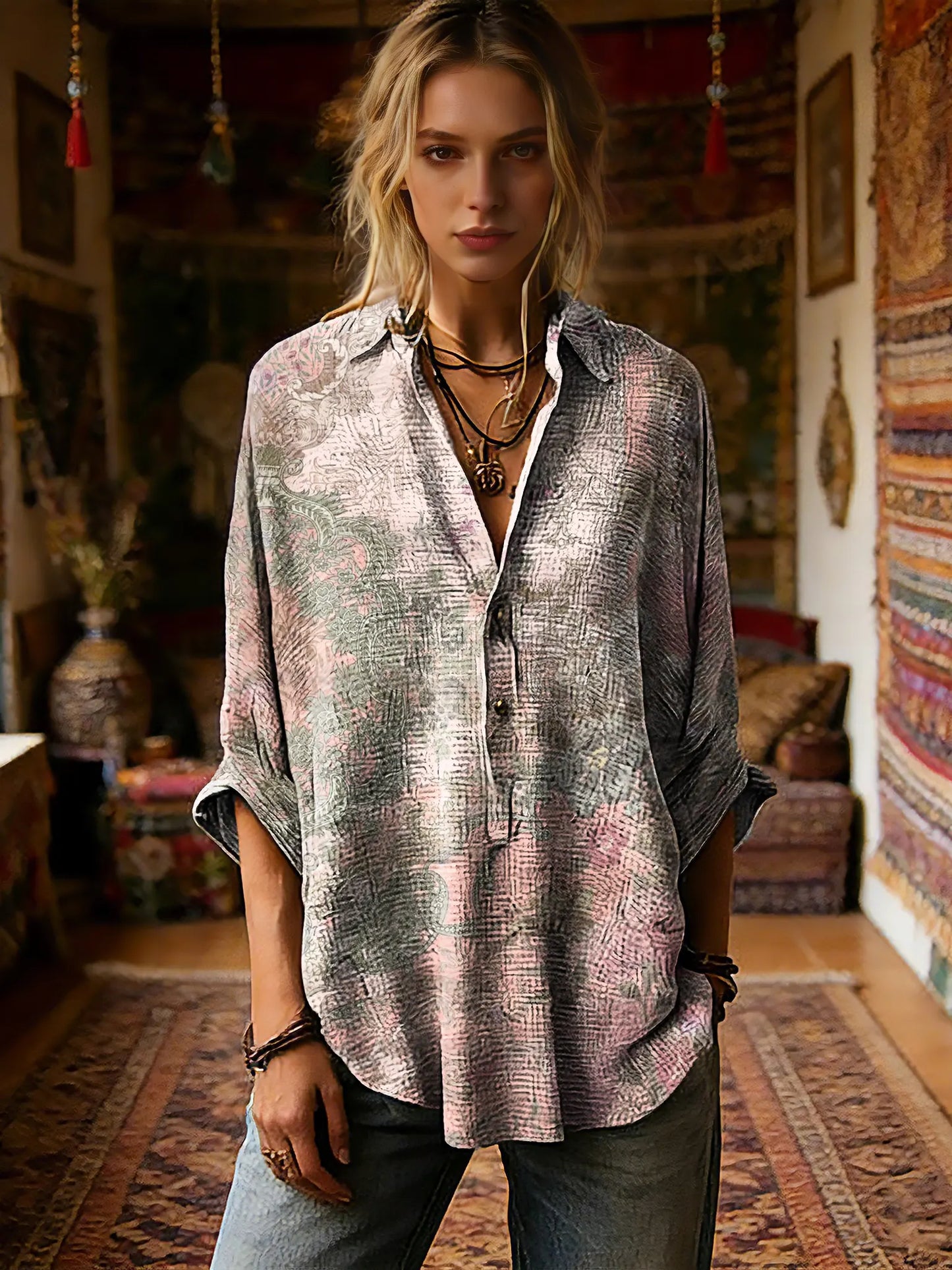 Women's Vintage Floral Pattern Art Print Casual Long-sleeve Shirt