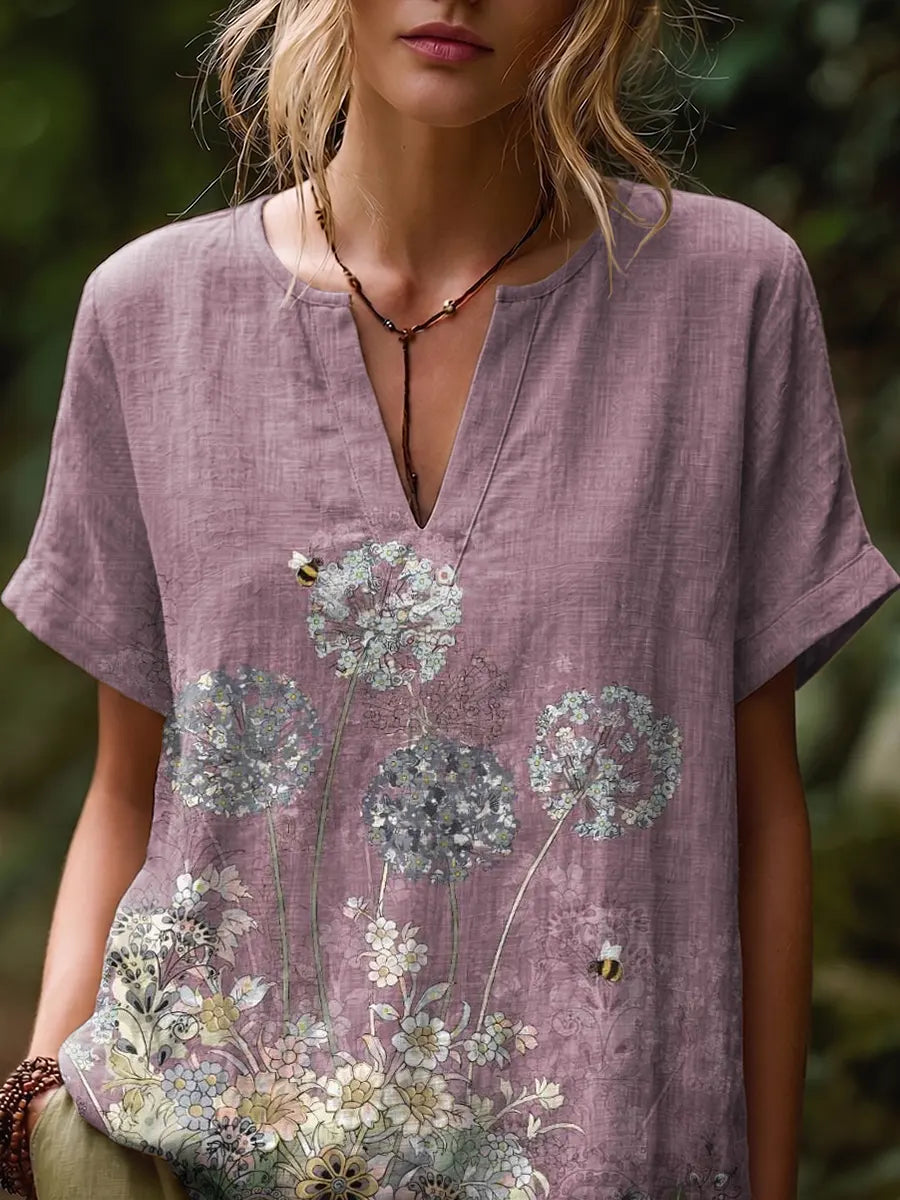 Ethnicity Flowers Bees Women's Art Print Casual Short-sleeve V-neck Cotton Linen Shirt